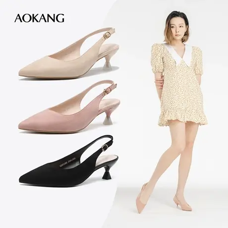 奥康女鞋 秋季气质潮流时尚百搭日常通勤凉鞋尖头黑色高跟鞋图片