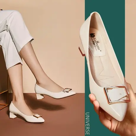 清仓春鞋女春款单鞋粗跟白色尖头浅口休闲纯色鞋子欧美套脚真皮鞋商品大图