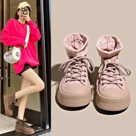 爆款复古绒面高帮帆布鞋女厚底2023秋冬新款马丁短靴运动休闲板鞋商品大图