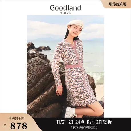 [赫本猫联名]Goodland美地女装2023冬季香风提花羊毛衫连衣裙图片