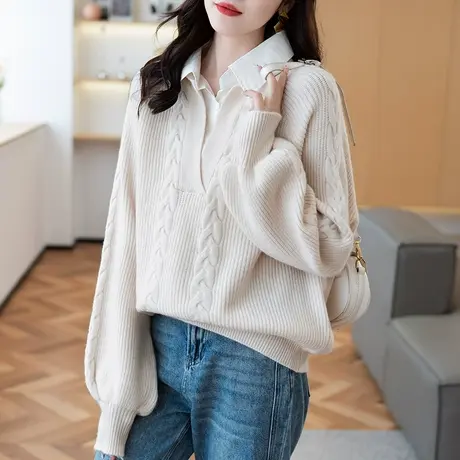 2023秋装新款韩版宽松衬衫领纯色长袖套头针织衫毛衣打底衫上衣女商品大图