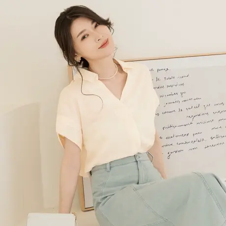 桔熊夏季通勤简约衬衫领落肩宽松纯色短袖上衣女装大码AB18794商品大图