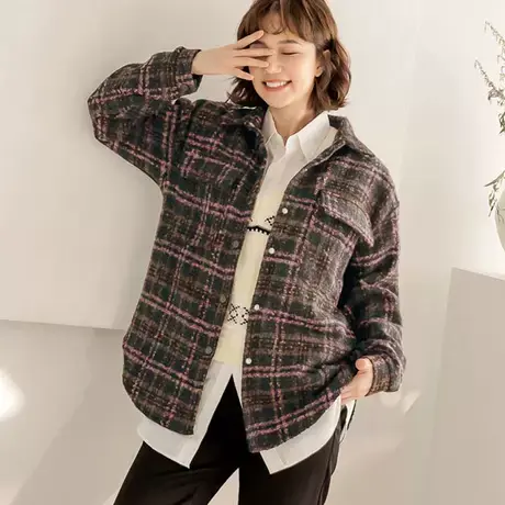 桔熊秋冬季复古格子毛呢料翻领长袖宽松衬衫外套女装大码AB18050商品大图