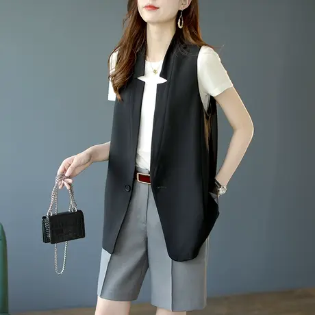 宝诗黎网纱拼接西装马甲黑色外套女2023新款夏季薄款休闲外搭上衣商品大图