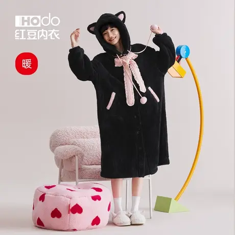 红豆女士睡袍泡泡绒加长冬季加厚浴袍连帽居家保暖可爱少女睡衣女商品大图