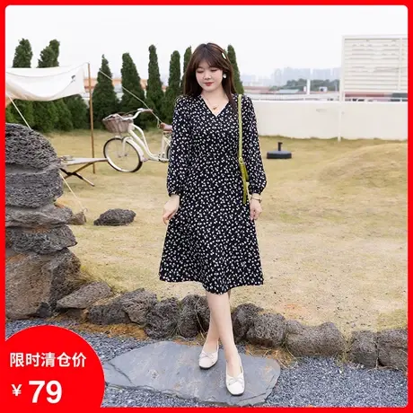 【清仓】新款V领显瘦气质雪纺碎花绑带胖MM气质大码连衣裙中长款商品大图
