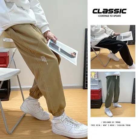 潮牌休闲裤男春秋季束脚工装裤日系复古大码宽松美式潮流长裤纯棉商品大图