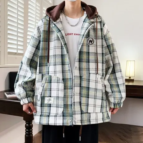 可拆卸连帽外套男春秋款潮牌潮流格子夹克男宽松休闲痞帅褂子上衣商品大图