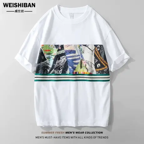 夏季撞色拼接短袖男2023新款宽松百搭清爽个性拼料圆领套头半袖男图片