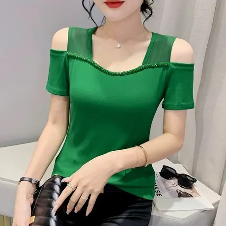 时尚露肩T恤女潮流夏季网纱拼接性感短袖上衣洋气钉珠修身小衫ins商品大图