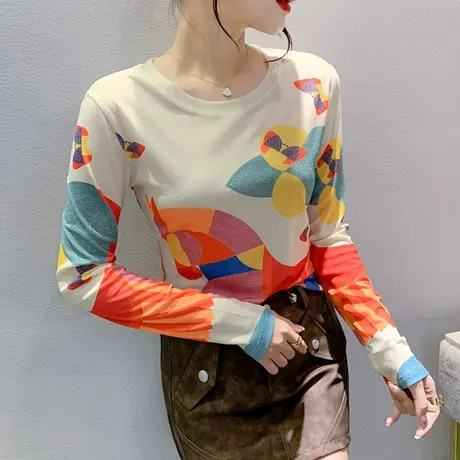 时尚圆领网纱打底衫女长袖2024秋装新款洋气印花上衣修身百搭T恤图片