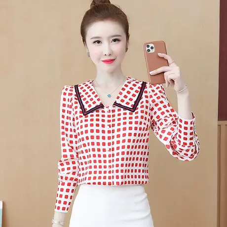 格子娃娃领衬衫女设计感小众新款2023年秋洋气时尚气质女神范上衣商品大图
