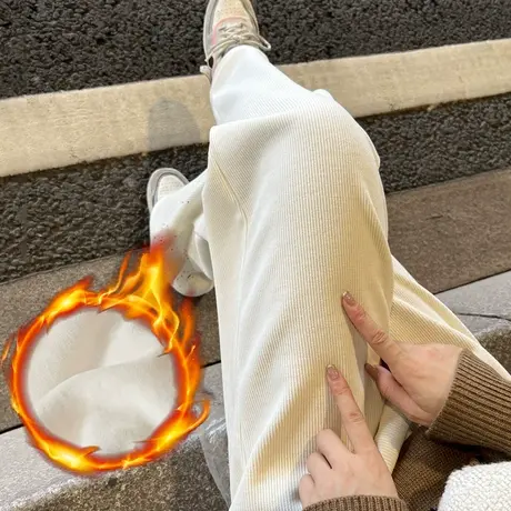 加绒雪尼尔阔腿裤女秋冬季2023高腰垂感抽绳宽松休闲窄版直筒裤子图片