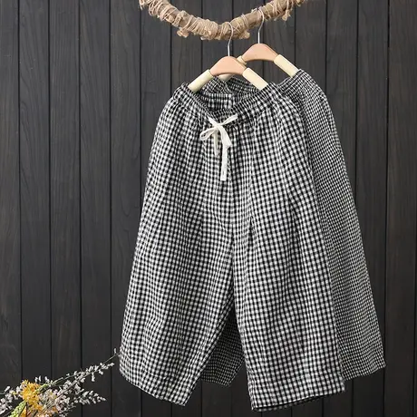 文艺复古棉麻格子七分裤女夏季新款系带宽松薄款灯笼裤休闲哈伦裤商品大图