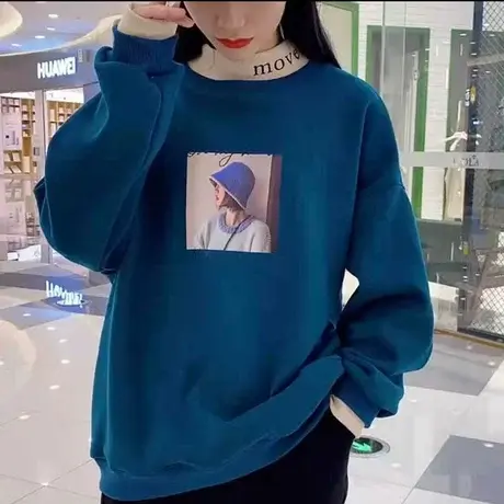加绒加厚假两件卫衣女2023秋冬新款韩版洋气圆领打底衫保暖上衣潮商品大图