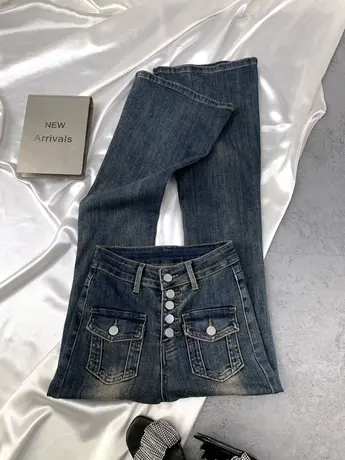 韩版复古磨白排扣牛仔喇叭裤2023秋季新款显瘦弹力高腰紧身微辣裤商品大图