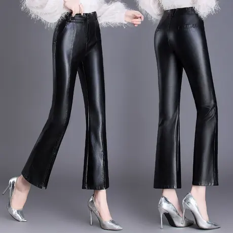 黑色喇叭裤女春秋皮裤2023年新款休闲显瘦女裤子直筒外穿微喇长裤商品大图