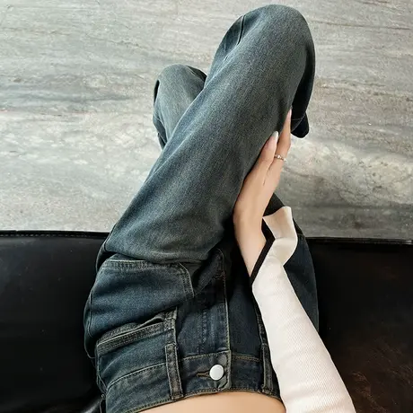 复古蓝牛仔裤女春秋新款2023年新款高腰宽松显瘦长裤直筒阔腿裤子商品大图