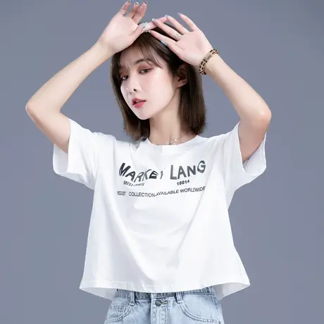 白色半袖t恤女宽松短袖女2024新款夏季薄款高腰短款上衣体恤女装图片