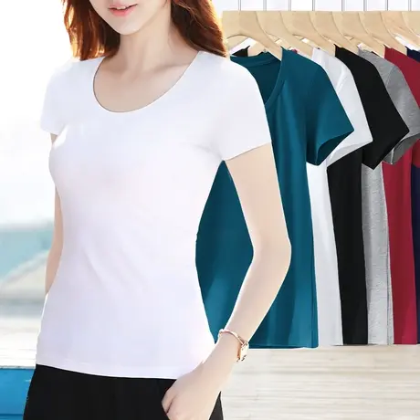 白色t恤女短袖纯棉百搭半袖低圆领修身打底衫新款内搭黑色体桖夏商品大图