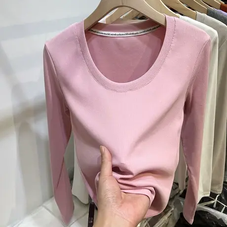 欧货织带圆领螺纹长袖T恤女2023春装新款修身百搭洋气打底衫上衣商品大图