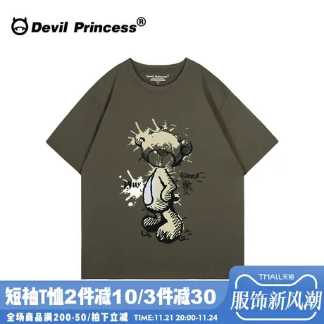 古着感宽松ins风卡通灰绿色短袖女t恤大版街头超火正肩半袖上衣潮商品大图