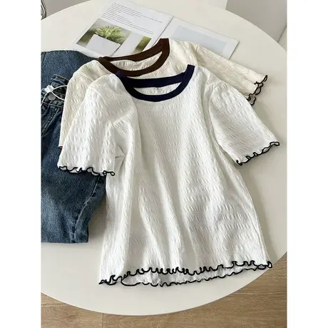 木耳边撞色短袖T恤女短款夏装设计感小众修身显瘦半袖上衣服ins潮商品大图