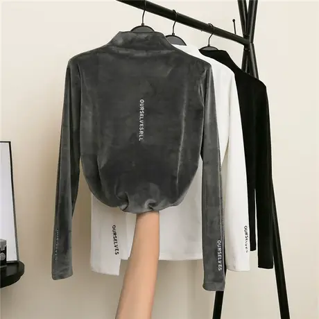 半高领加绒打底衫女长袖金丝绒春秋冬2023新款内搭加厚t恤上衣服图片