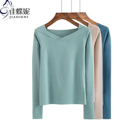 秋冬新款保暖加厚纯棉磨毛修身V领长袖体恤上衣打底内搭显瘦女T恤图片