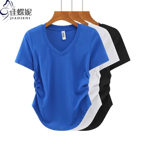 夏季新款韩版V领修身褶皱纯棉纯色纯欲短袖体恤上衣内搭女打底衫商品大图