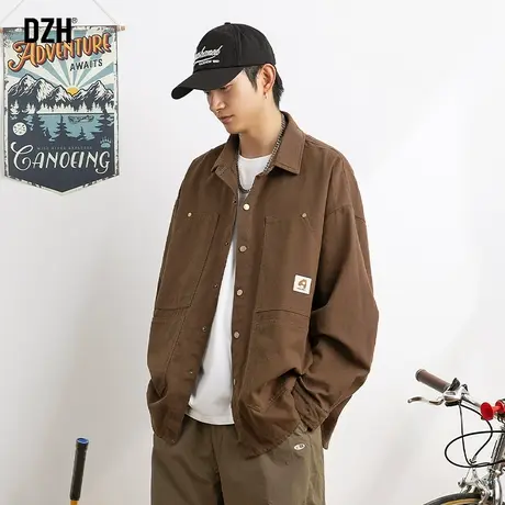 男士咖色休闲衬衫男长袖高级感痞帅2024新款宽松纯棉衬衣美式外套商品大图