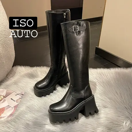 不过膝长筒靴女秋冬2022新款加绒高筒靴法式粗跟高跟骑士靴瘦瘦靴商品大图