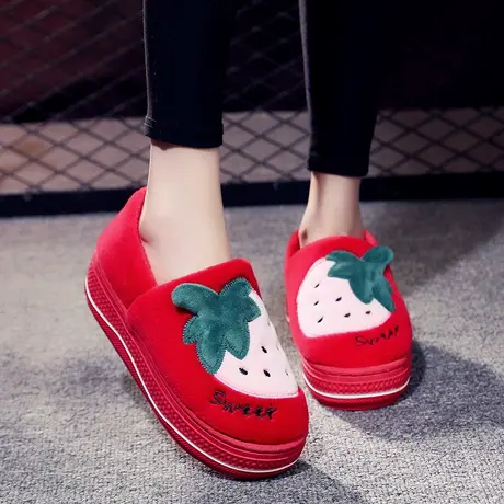 棉拖鞋女厚底包跟秋冬季可爱草莓毛绒保暖室内拖鞋冬高跟加厚外穿商品大图