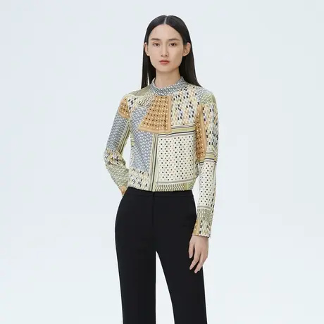 LANCY/朗姿桑蚕丝印花衬衫秋季新款长袖小立领套头通勤上衣奥莱商品大图