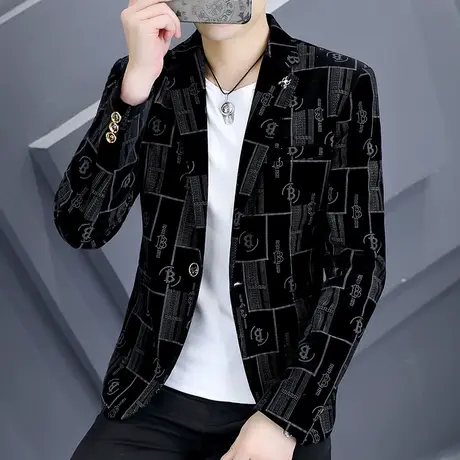 男士格子西服外套春季潮流韩版休闲单西上衣男装帅气灯芯绒小西装商品大图