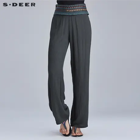 s.deer圣迪奥专柜正品女民族风情绣花阔腿长裤S16280820商品大图