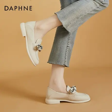 达芙妮英伦风小皮鞋女白色夏季2021新款方头乐福鞋粗跟蝴蝶结单鞋图片