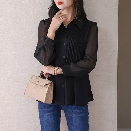 大码女装2024年春季新款韩版百搭上衣胖mmPolo领雪纺褶皱衬衫女潮图片