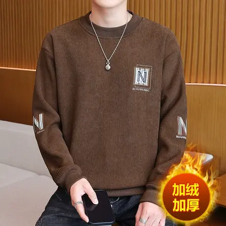 重磅加绒卫衣男秋冬款字母刺绣内搭长袖t恤男加厚保暖秋衣打底衫T图片