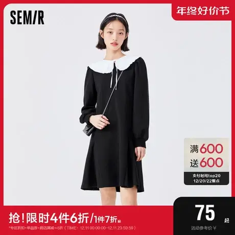 森马连衣裙女花边娃娃领温柔气质春季法式泡泡袖小黑裙优雅甜酷风图片