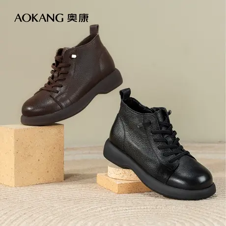 奥康女鞋 2023冬季新款真皮短靴单靴百搭中筒保暖英伦风马丁靴商品大图