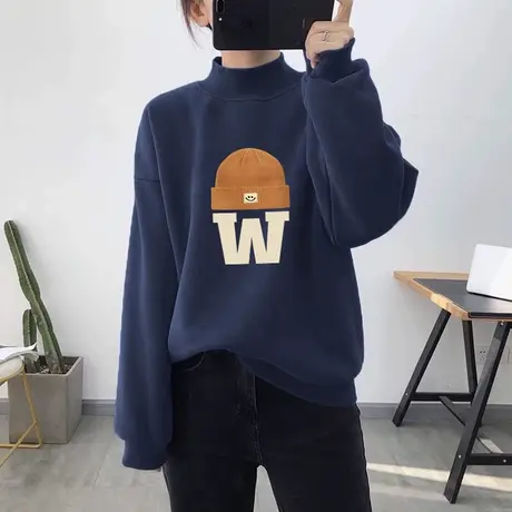 高级感半高领外套oversize山东即墨加绒卫衣女ins潮大码复古上衣图片