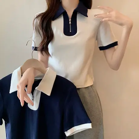polo领t恤女2023夏季款设计感小众不规则甜酷polo衫短款法式上衣商品大图