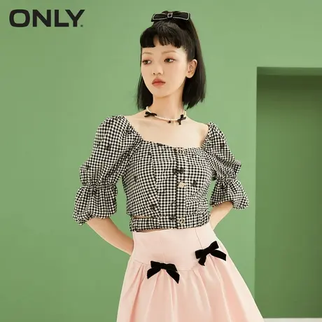 ONLY奥莱春夏U领格纹心形印花泡泡袖短雪纺衫女商品大图