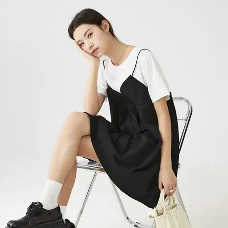 唐狮2022年夏季新款女假两件吊带连衣裙甜美韩版宽松显瘦黑裙女潮商品大图