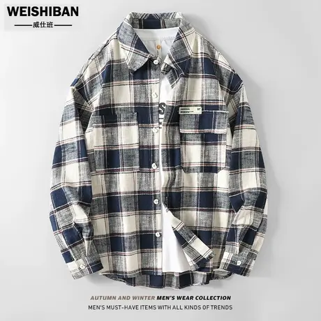 重磅复古格子衬衫男长袖美式潮牌宽松ins叠穿衬衣春秋季百搭上衣图片