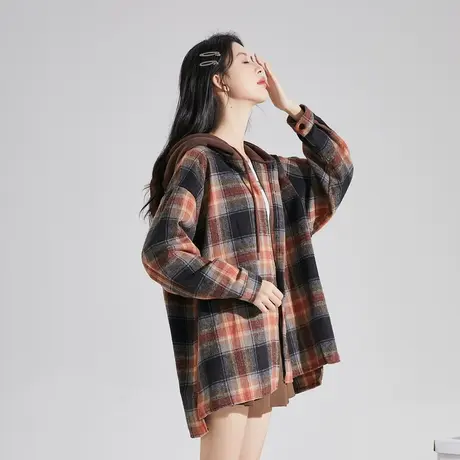 唐狮2023秋冬新款格子衬衫女连帽宽松中长款上衣百搭磨毛外套1.19图片