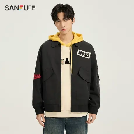 三福2024春季男士袖子贴标夹克 美式休闲宽松翻领外套男482469图片