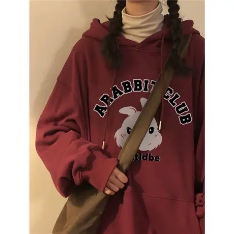 兔子卫衣女秋冬加绒加厚连帽大码宽松oversize潮牌酒红色外套上衣商品大图