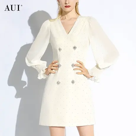 AUI杏色名媛气质泡泡袖修身连衣裙女2024春新款v领收腰显瘦中长裙图片